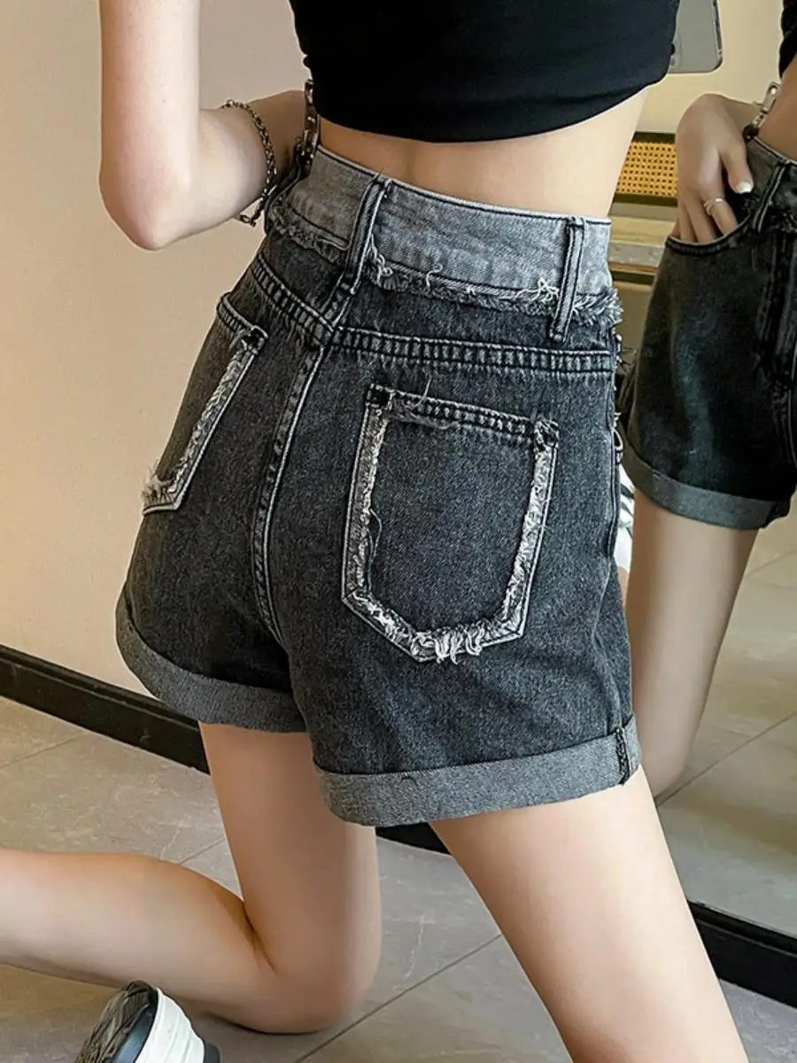 

High Waist Cuffed Hem Denim Shorts Women's Popular Ins Style New Version Small Color Contrast Frayed Slim A-Line Wide Le...