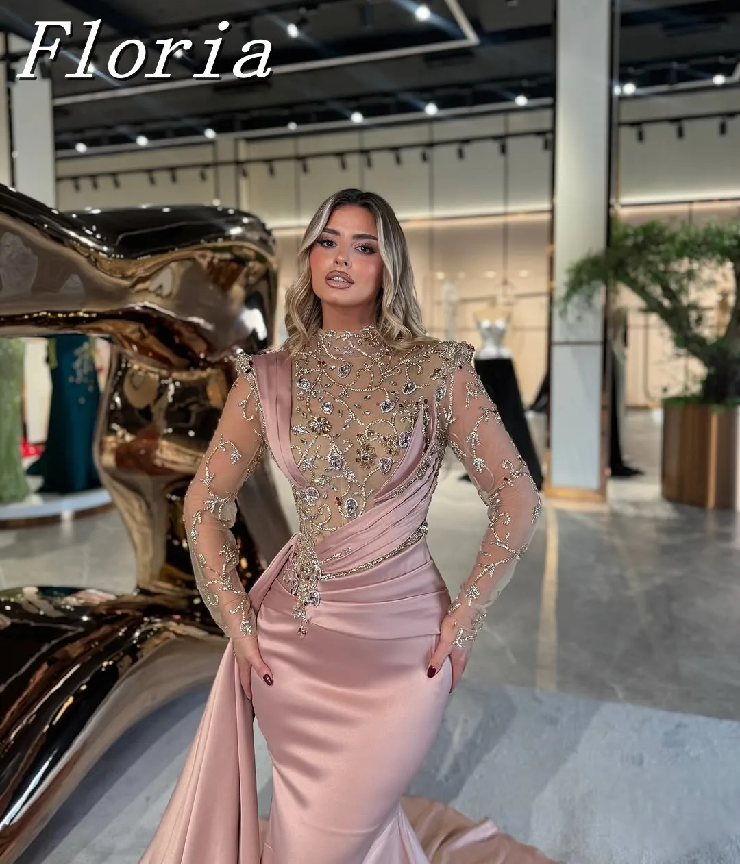 

2025 Pink Beaded Crystals Women's New Designer Maxi Evening Prom Dresses High Neck Wedding Guest Dress Gala Dresses Customized