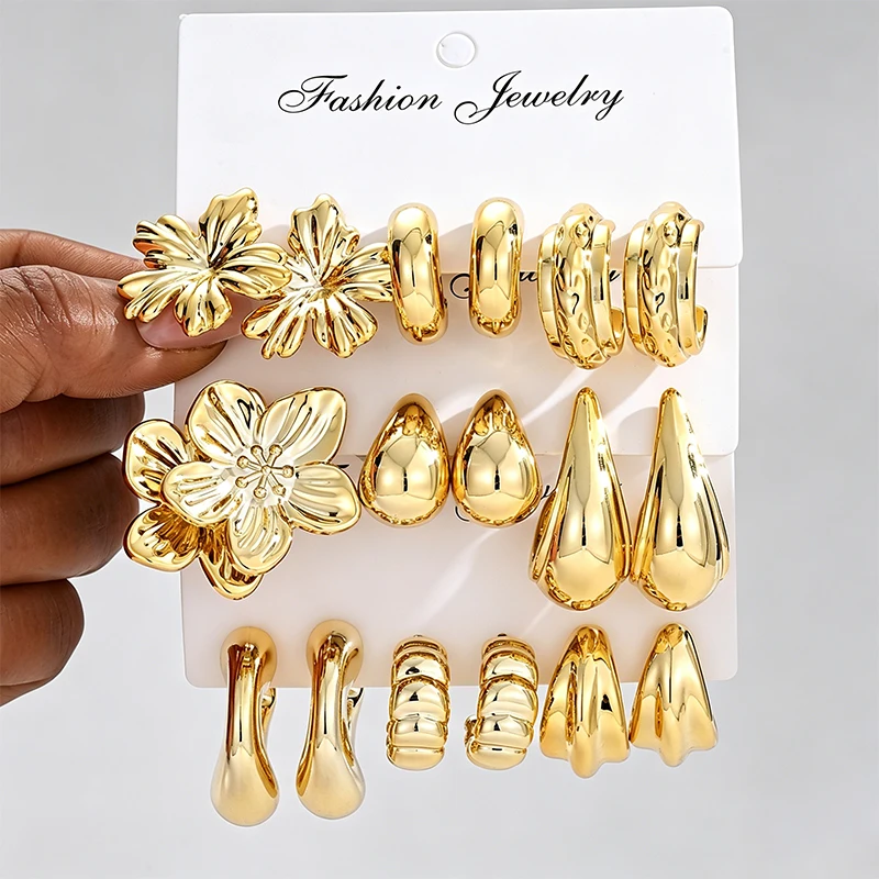 9 Paar Goldene Blumen-Tropfenohrringe Set für Damen, Modische Geometrische Ohrstecker und Creolen Set, Täglicher Party-Schmuck, Elegante Geschenke