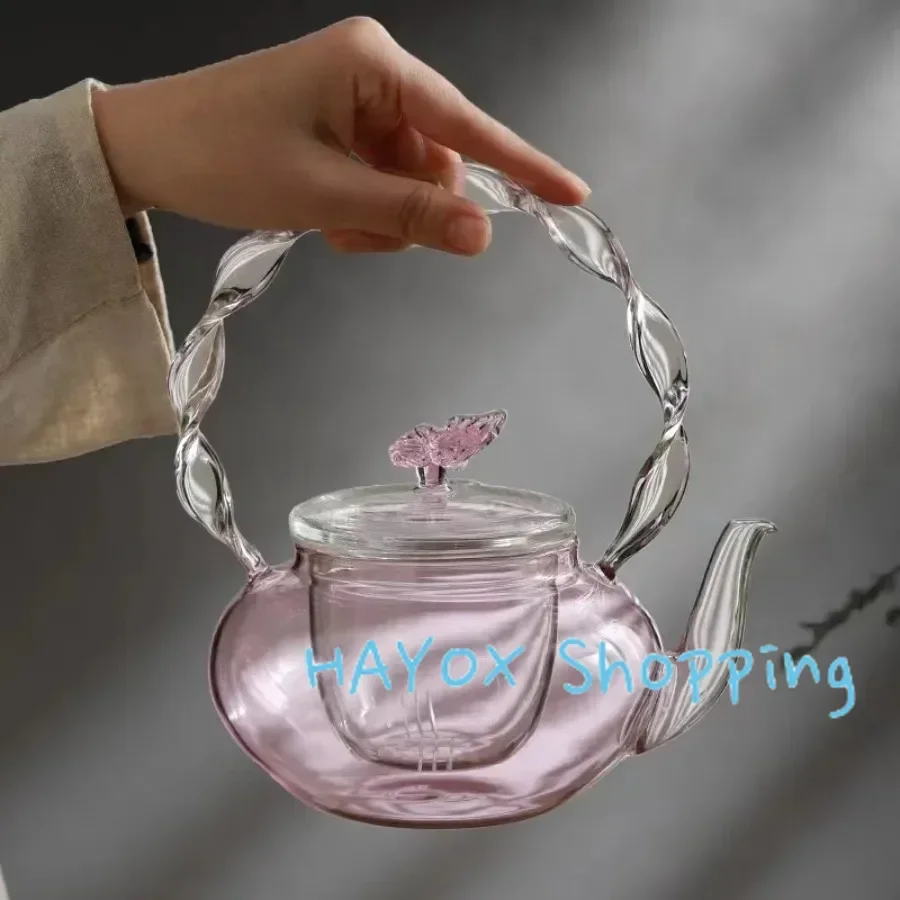 700ml Glass Teapot Tea Water Separation Handle Pot Creative Pink Butterfly Button Flower Teaset High Temperature Resistant Cup