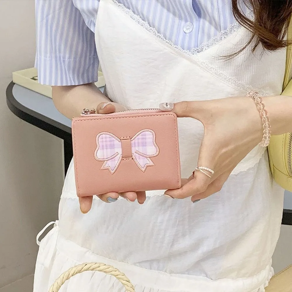 

Korean Short Women's Wallet Heart Bow Fold Wallet Hasp PU Leather Clutch Purse Student
