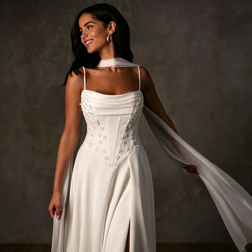 Customized Sexy Satin Corset Wedding Dress with Shawl Elegant Side Slit Design Beach Bridal Gown Vestidos De Novia Bruidsjurken