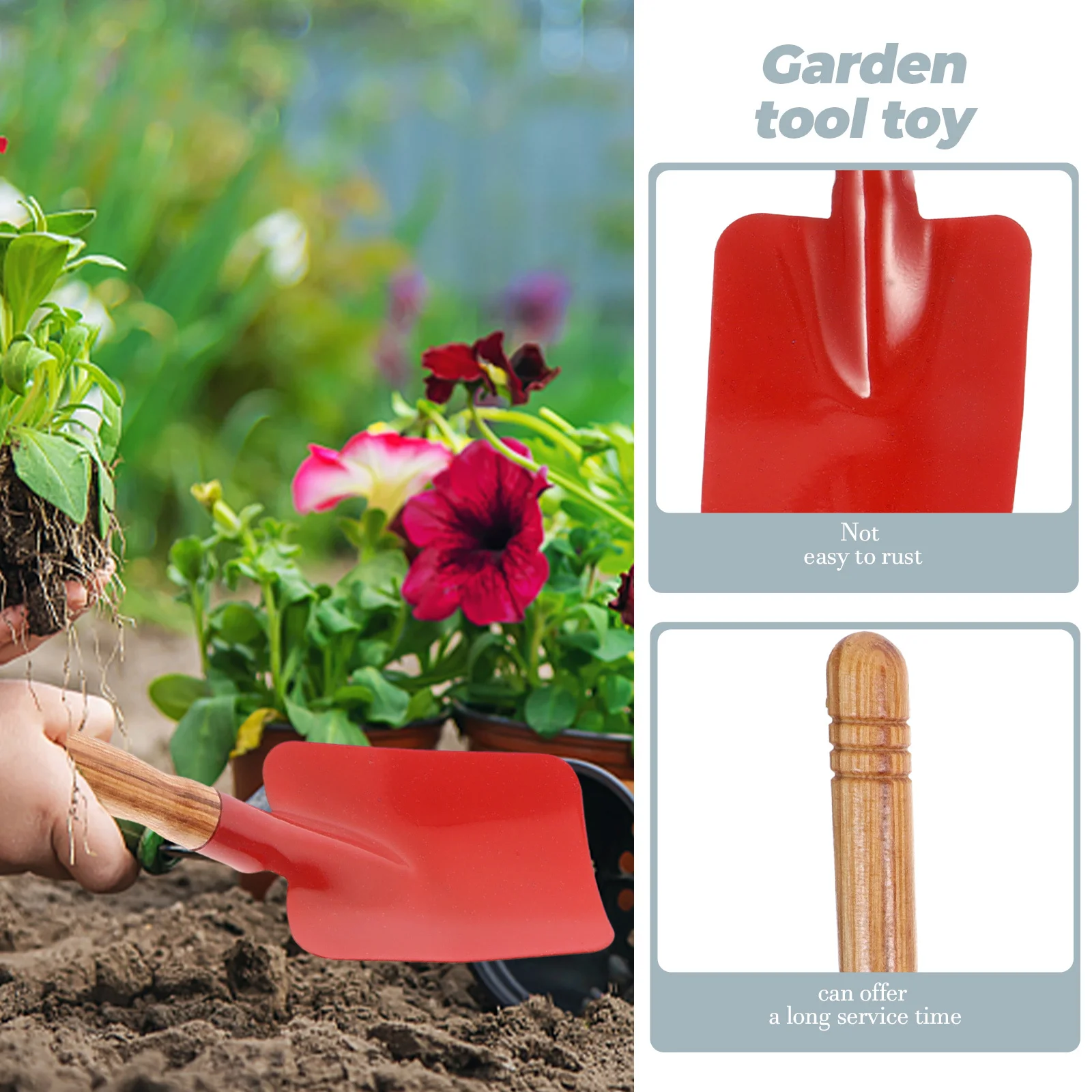 6個入り子供用ガーデンツールセット、丈夫な鉄製シャベル、こて、熊手、木製ハンドル、カラフルで環境に優しい屋外遊び用庭ツール