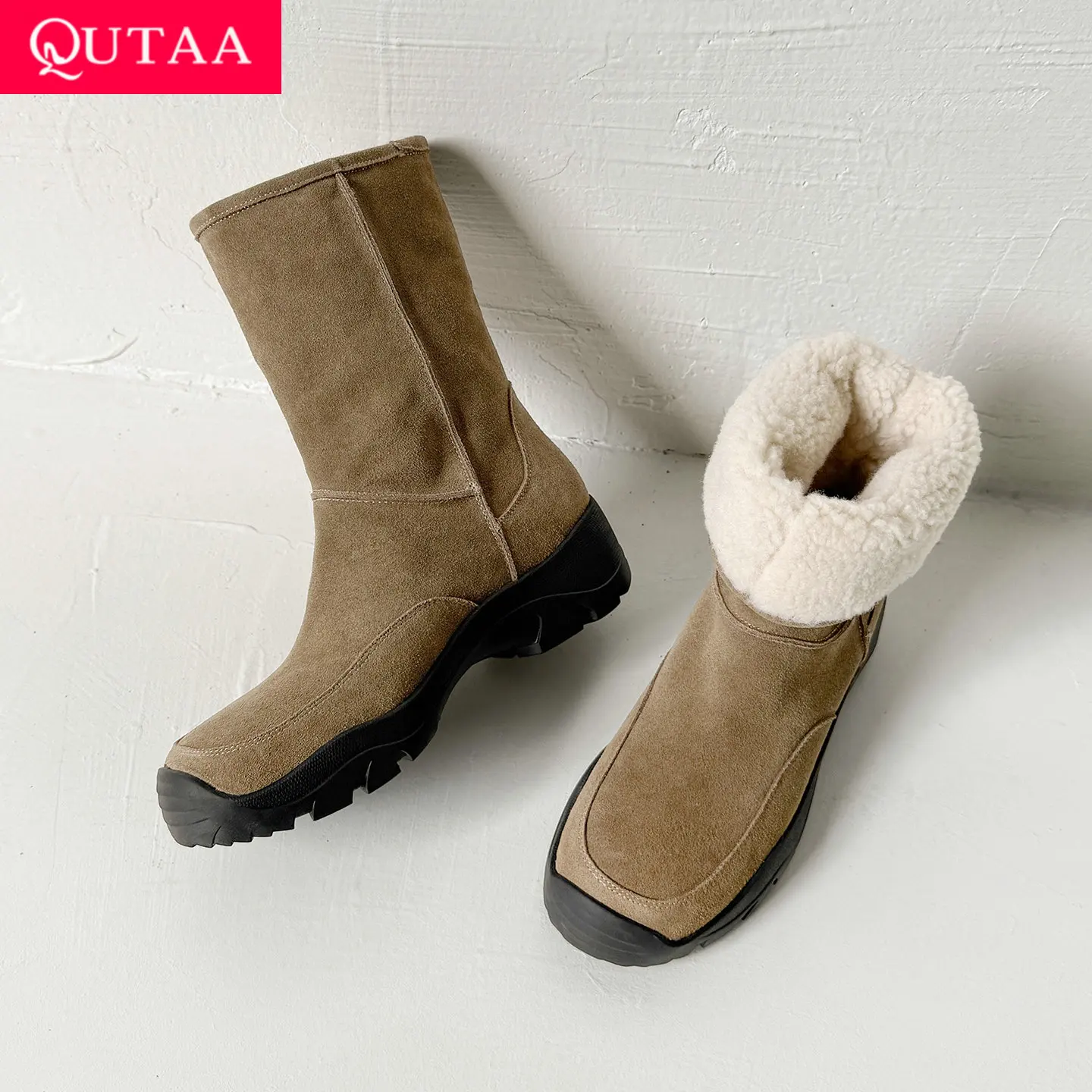 

QUTAA 2026 новости, модные женские зимние ботильоны из коровьей замши, зимние теплые туфли на высоком каблуке, короткие ботинки до середины икры с круглым носком, размеры 34-40