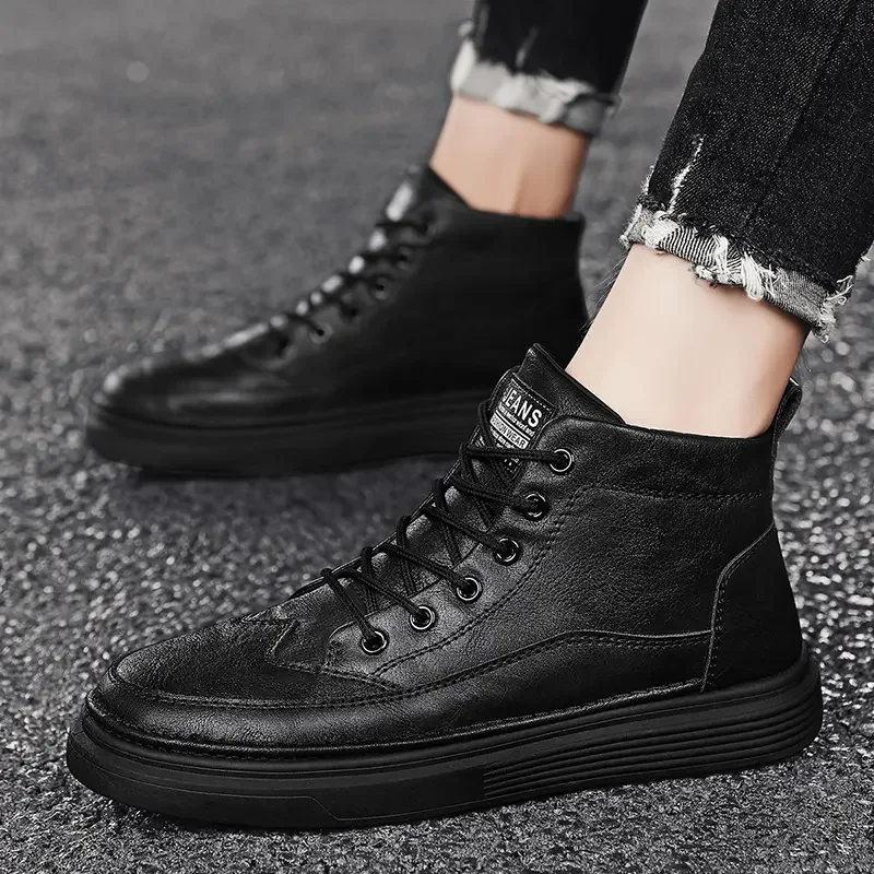 

Autumn and Winter High Top Leather Shoes for Students Trendy Sports Leisure Leather Shoes, Flat Bottomed Non Slip Walking Shoes