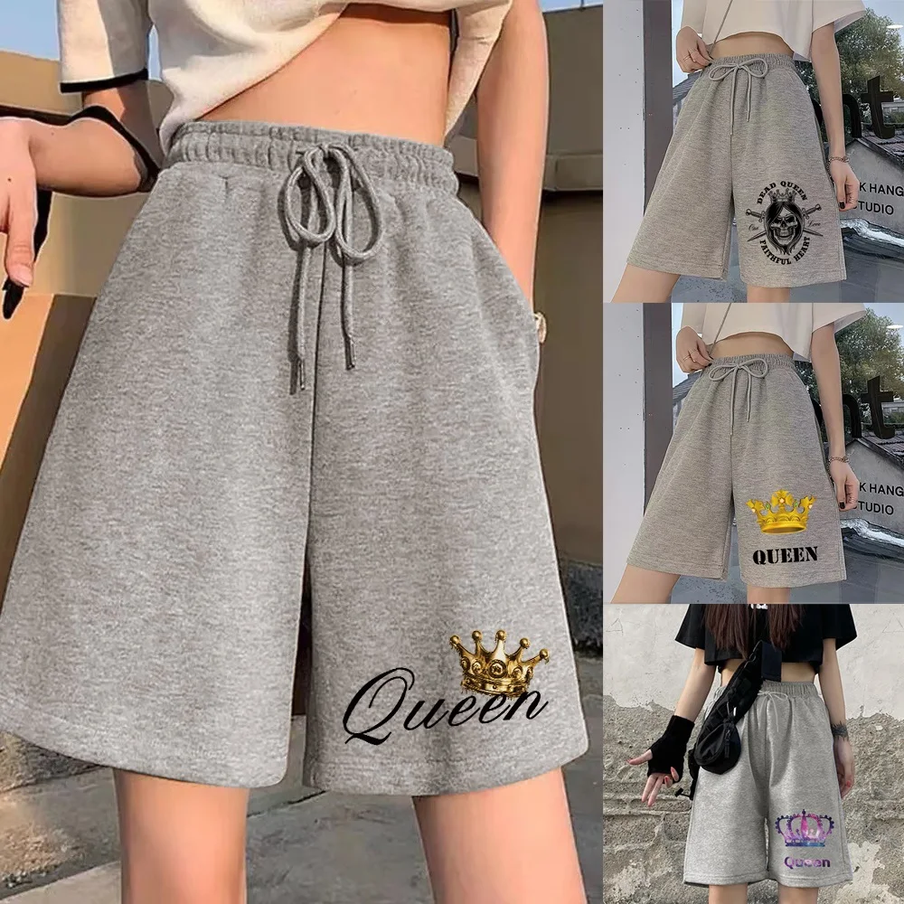 Ladies Fashion Shorts Elastic Band Casual Simple Cropped Pants Personality Crown Print Series Student Harajuku Loose Shorts