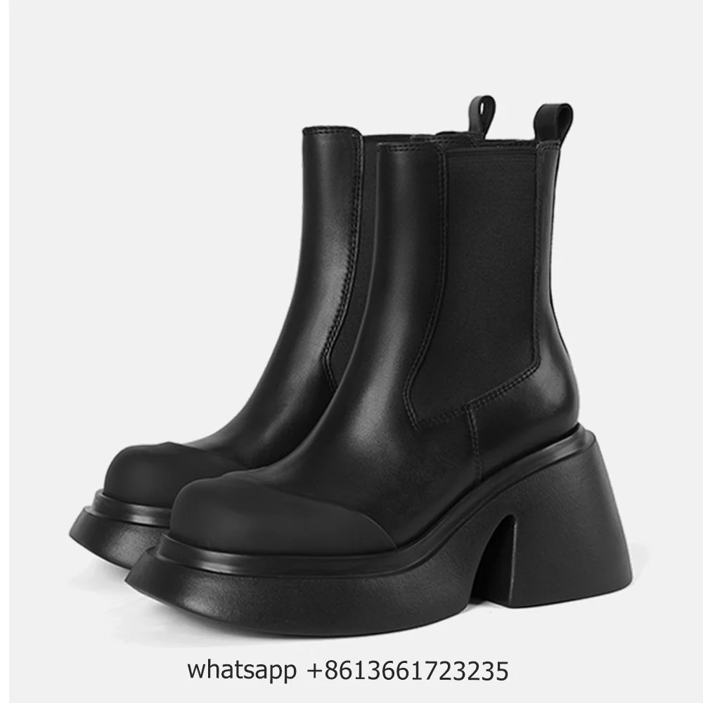 Women's 2024 New Autumn British Style Ankle Boots Mid Platform Chunky Heeled Chelsea Boots Motorcycle Short Boots Pant Leg Boots