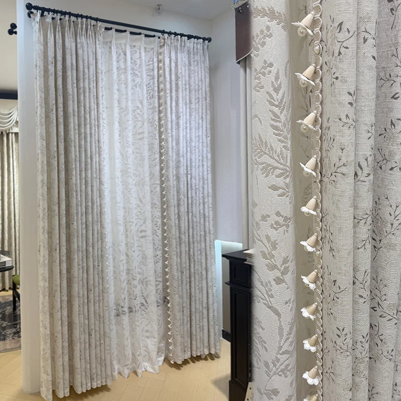New Chinese Cream Floral Cotton Linen Jacquard Curtains for Living Room Bedroom,french Window Customized Window Screen