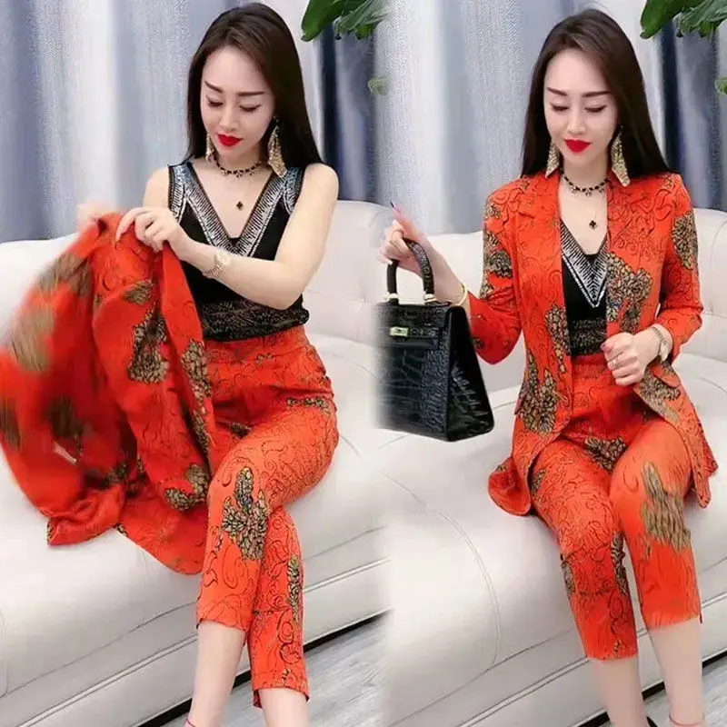 Spring 2024 New Style Fashion Temperament Versatile Slim Print Suit Top Cropped Pants Two Piece Women\'s Holiday Wear Casual Wear