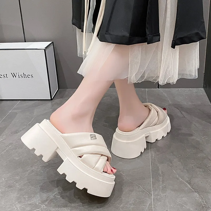 Summer Chunky Sandals Women\'s Thick Bottom Wedge Heels Slides 7.5CM High Heels Platform Leather Casual Beach Flip Flops Woman