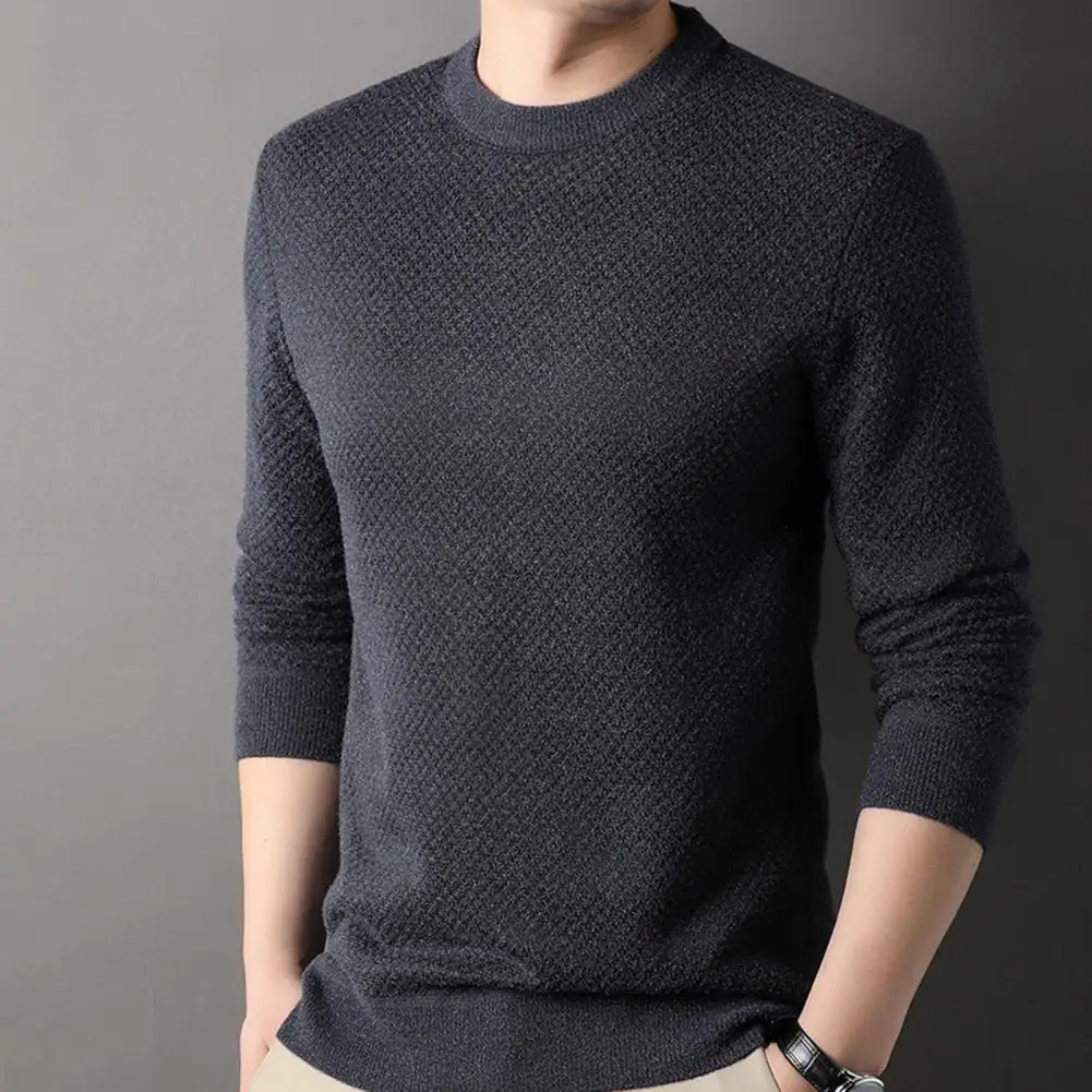 Men Solid Color Sweater Mid-length Men's Sweater with Thickened Plush Solid Color Warm Long Sleeves for Fall Winter Round Neck