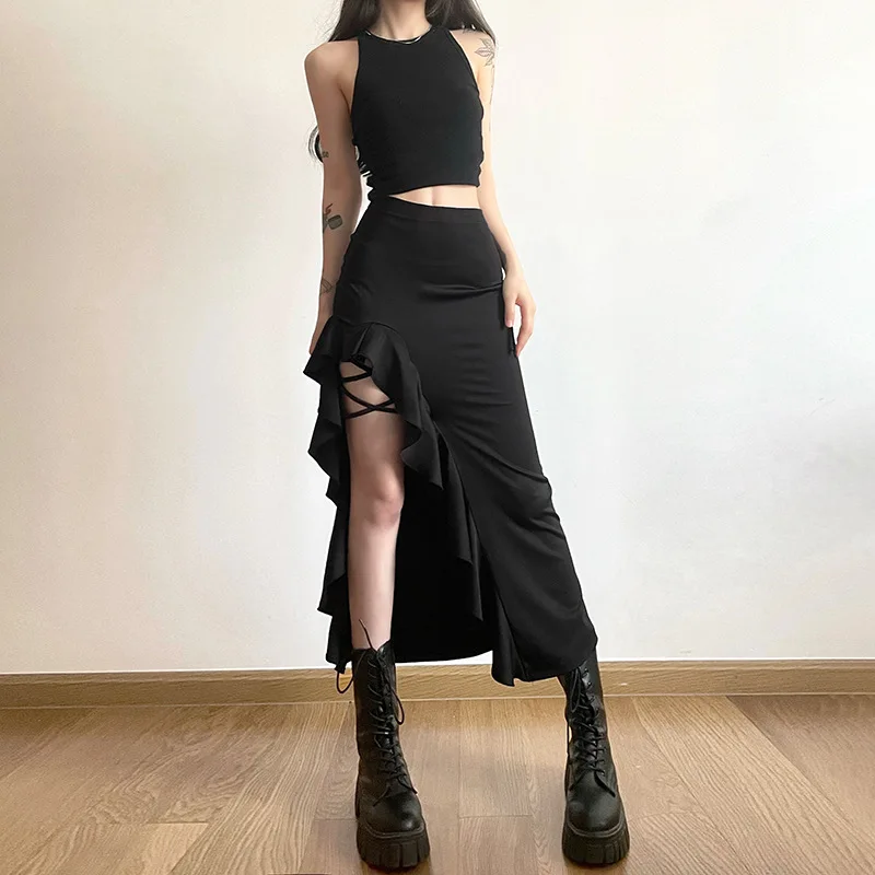GELITAYIN High Waist Ruffles Skirt Women Irregular Slit Black Long Skirts Black Fashion Harajuku Streetwear Y2K Clothes