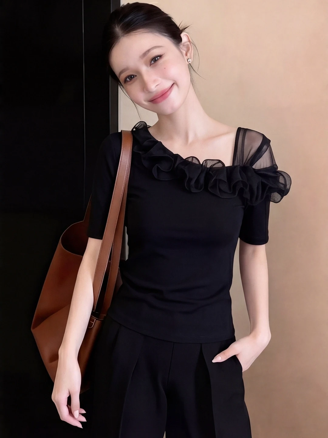 Black Lace Trim Short Sleeve T-Shirt Women's Summer plus Size Design Sensation Casual Wear Commute Style Creative Pattern