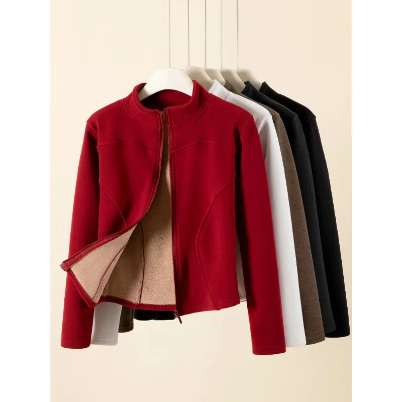 

Укороченная женская куртка-шерпа с воротником-стойкой, зимняя теплая верхняя одежда для йоги на флисовой подкладке