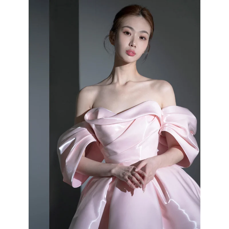 فستان خطوبة صغير وردي فاتح بدون أكتاف للتخسيس ملابس غير رسمية للحفلات المسائية وأعياد الميلاد