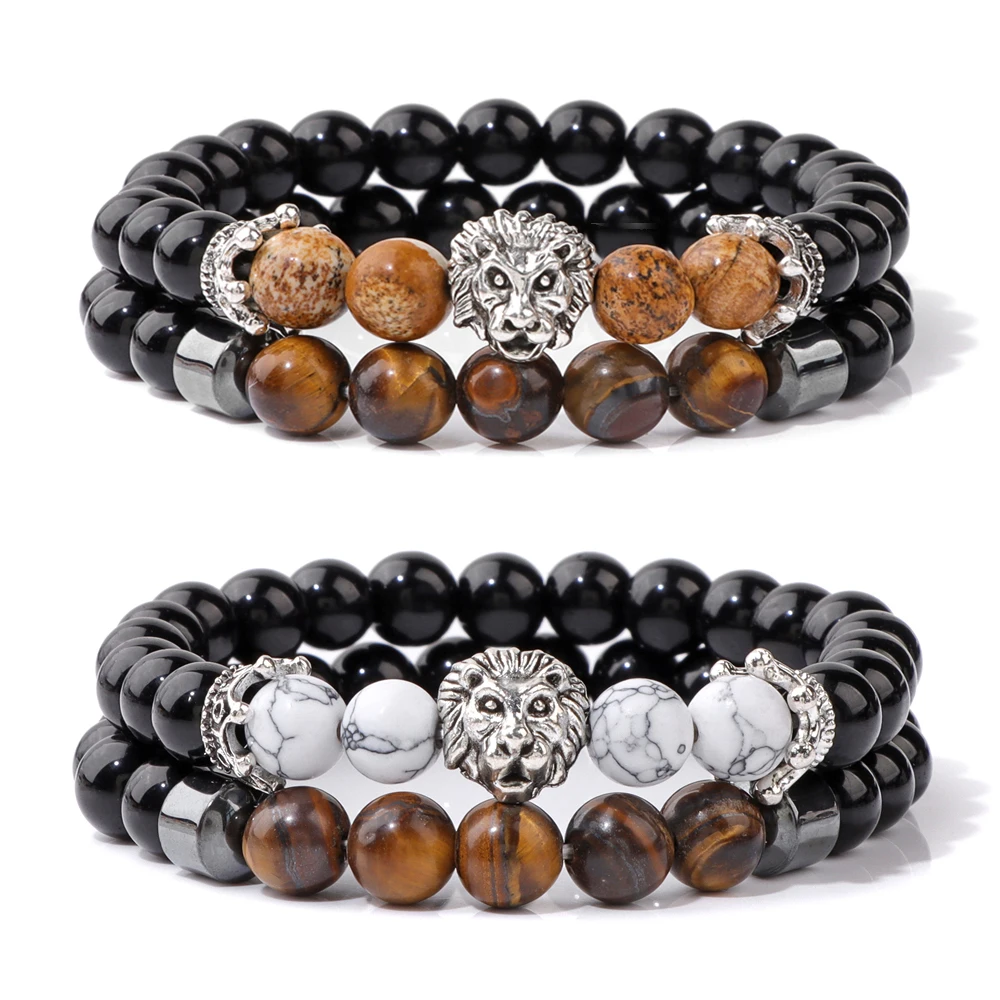 Silver Color Lion Head Bracelets For Men Black Onyx Tiger Eye Stone Beads Bangles Crown Charm Bracelet Fashion Jewelry Plusera