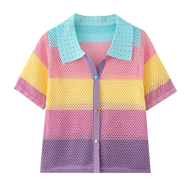 Sweet Knitted Hollow Design ort Sve Women's Striped Slimming Top Dopane Sle Summer New Arrival Casual Commute Wind