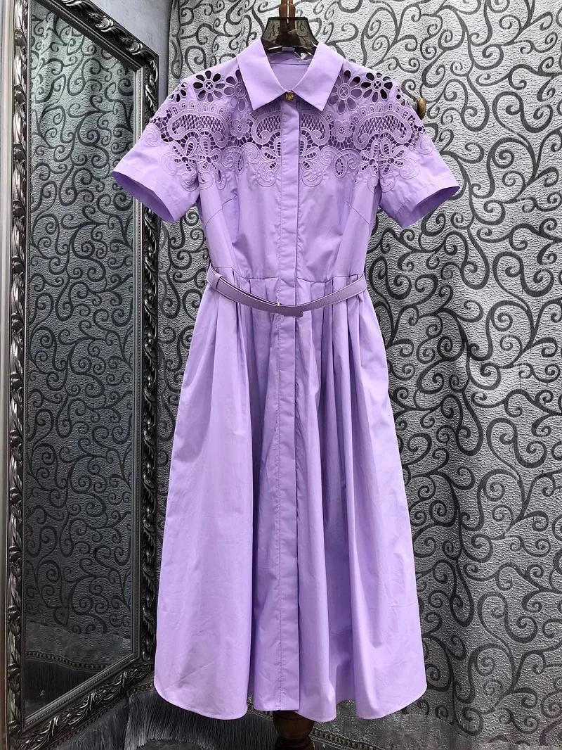 100%Cotton Summer Dress 2025 Fashion Style Women Turn-down Collar Crochet Lace Embroidery Short Sleeve Blue White Purple Dress