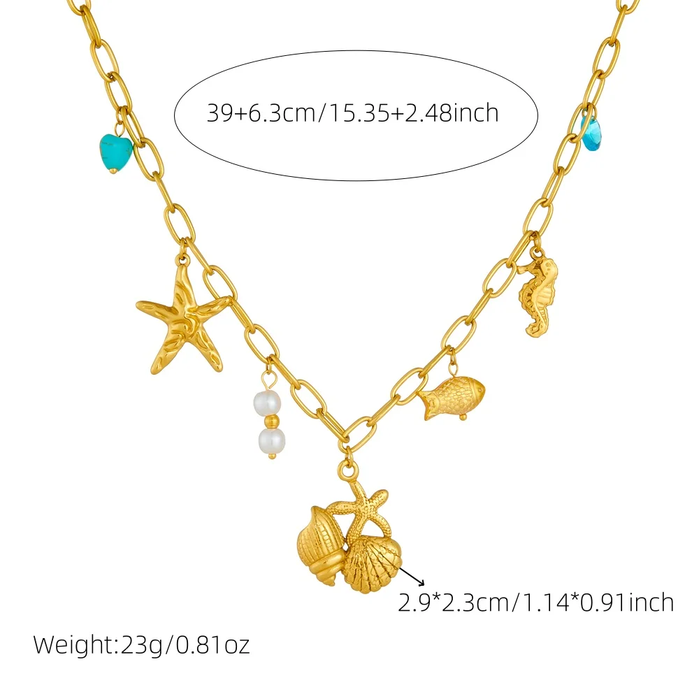 LAMENGLY 316L Stainless Tropical Ocean Style Shell Starfish Conch  Pendant Necklace For Women Girl Novel Trendy Clavicle Chain