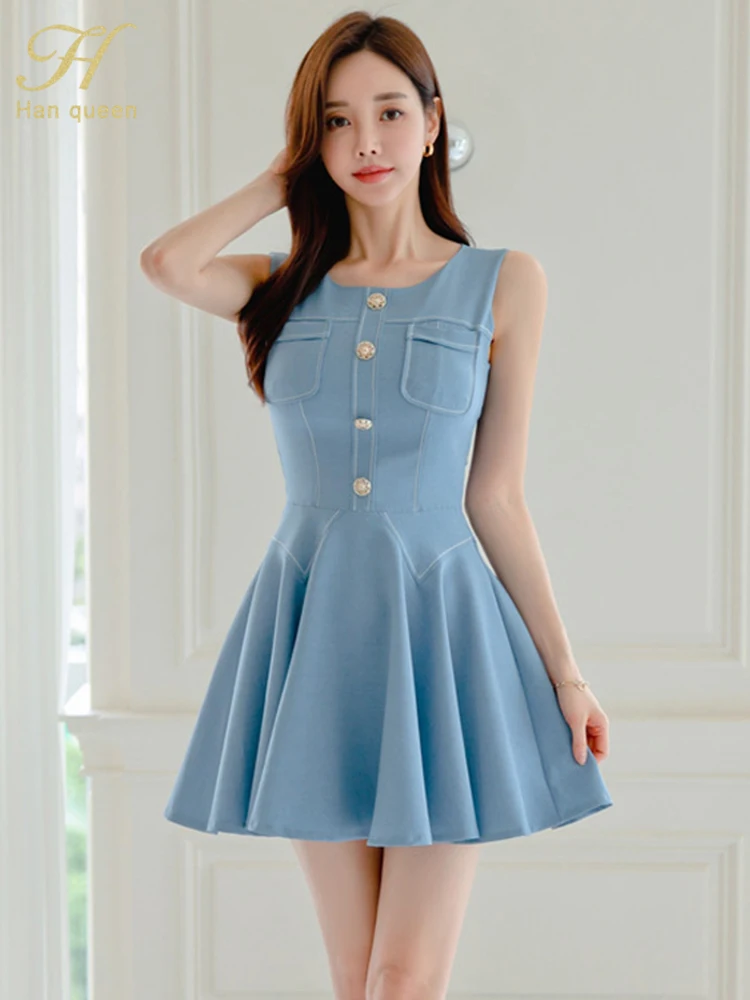 H Han Queen 2024 Summer Clothing Elegant Party Dresses 2024 Sleeveless Fashion Simple A-Line Vestidos Casual Office Short Dress