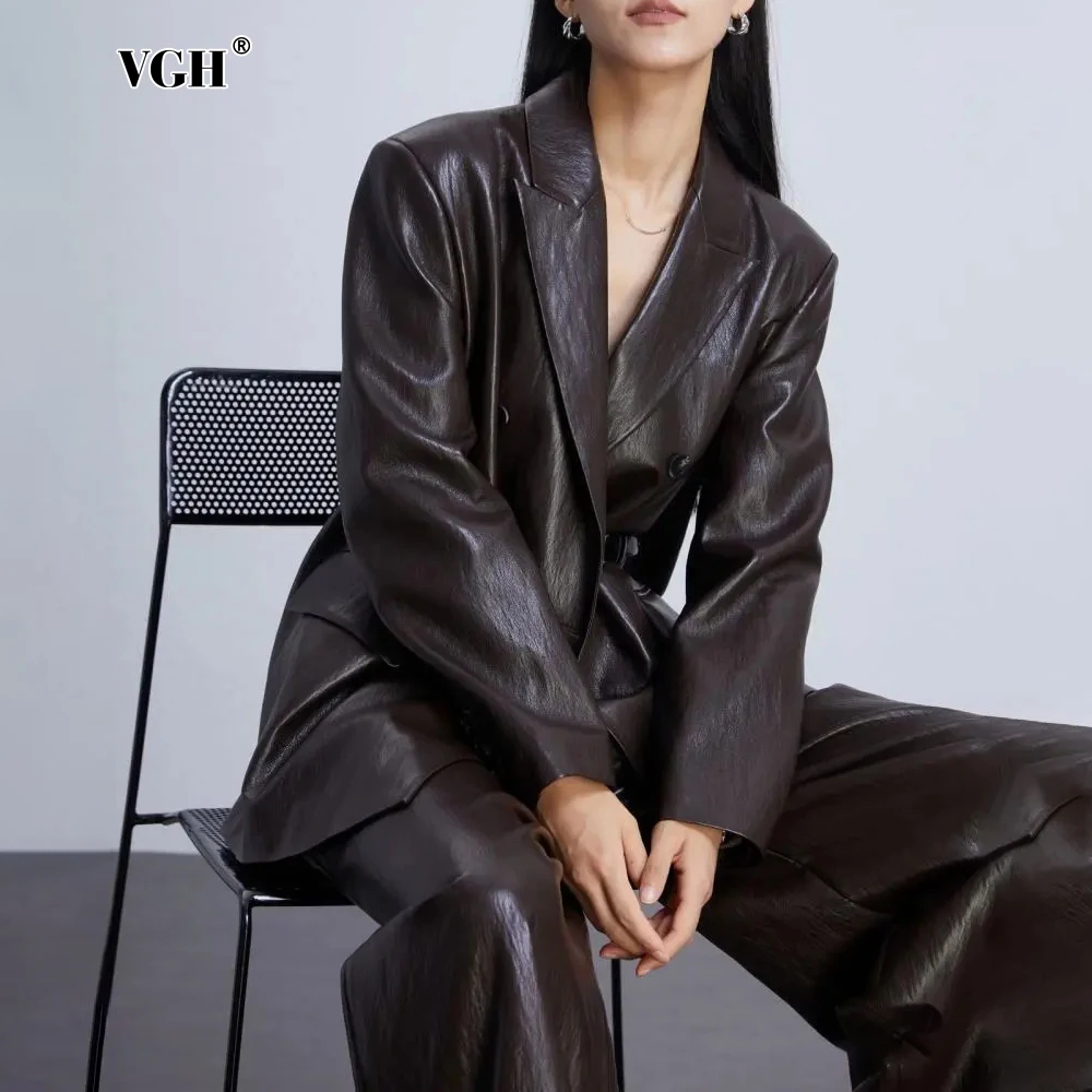 

VGH Solid High Street Spliced Leather Loose Coats for Women Lapel Long Sleeve Patchwork Double Breasted Jackets Female Fashion