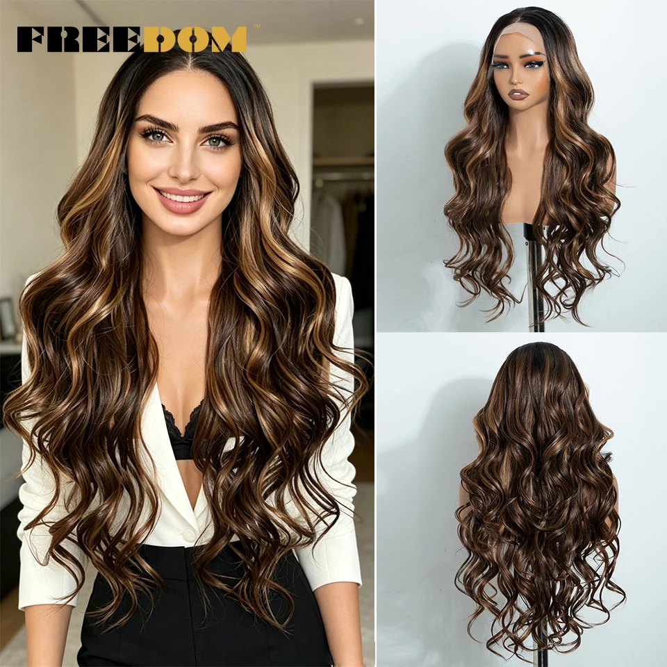 FREEDOM Synthetic Lace Front Wigs For Black Women 28 Inch Body Wave 13x4 Lace Front Wig Ombre Brown Heat Resistant Daily Use Wig