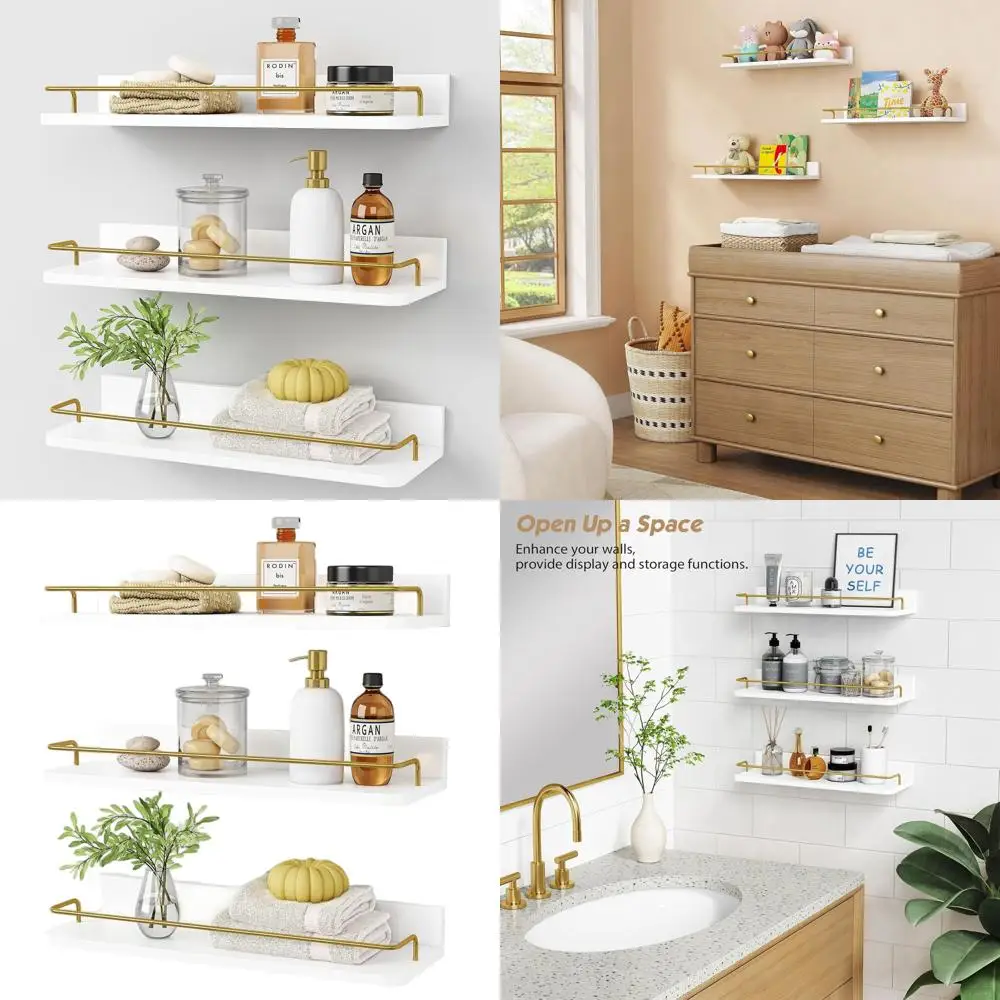 

Набор из 3-х белых и золотых плавающих полок, современный настенный декор для ванной комнаты и гостиной, хранилище над унитазом с защитной направляющей