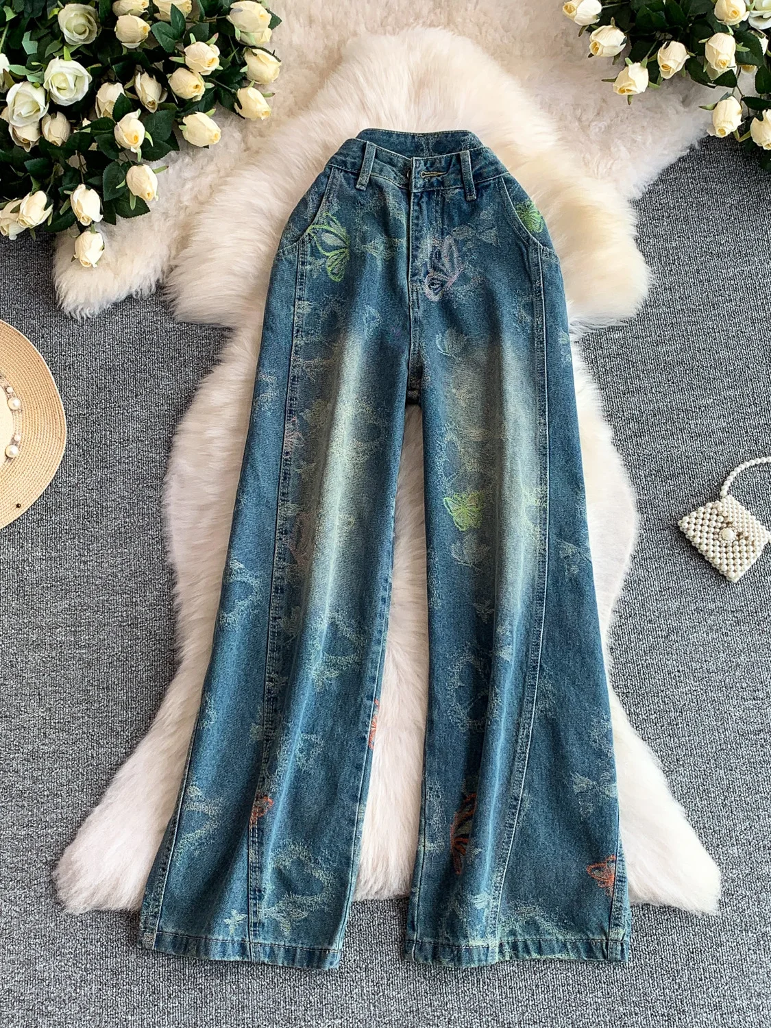 

High Waist Wide Leg Denim Pants Women's Faion Print Casual Straight Cut Trousers Summer Wear Comfortable Stretch Blue Jeans
