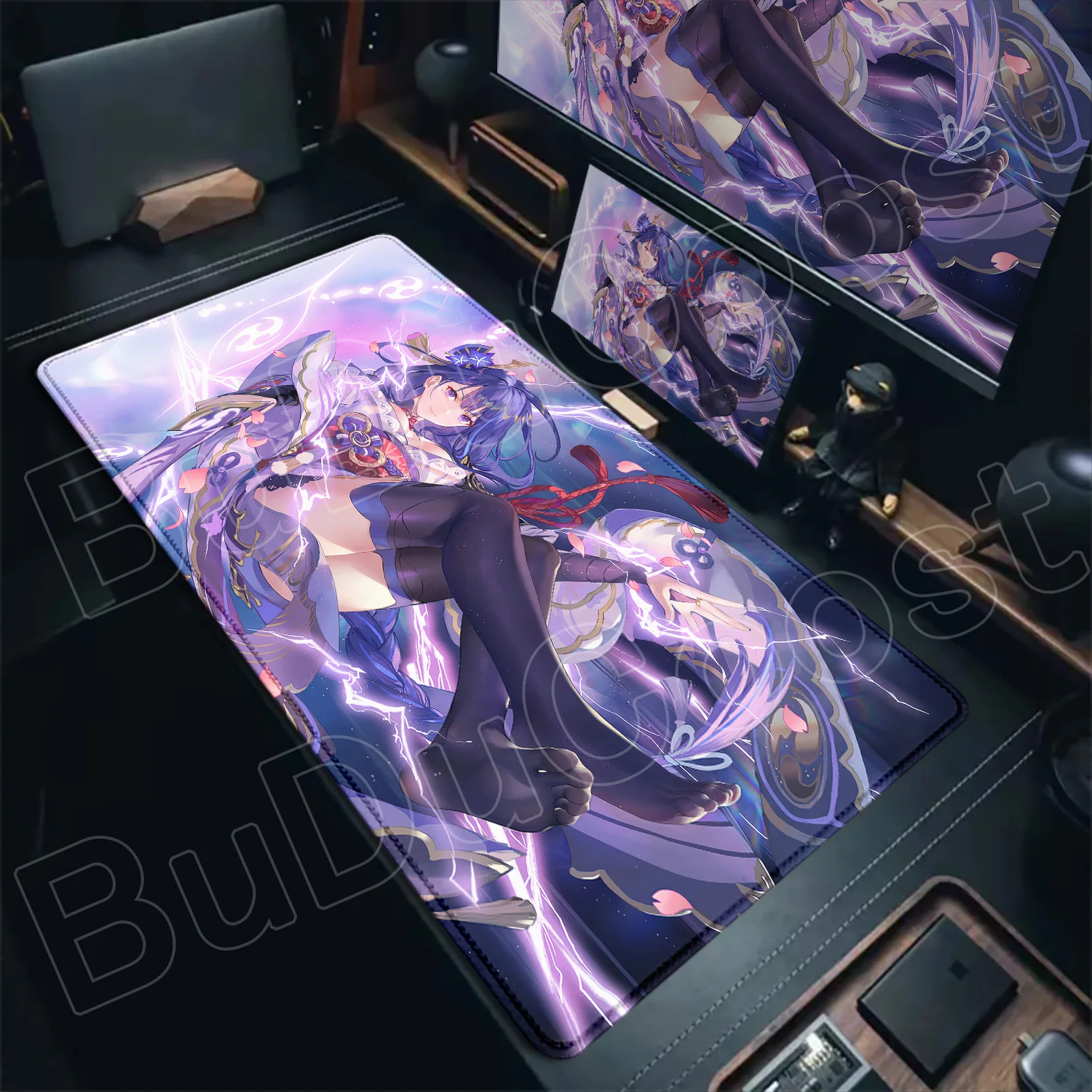 Rutschfeste Gummi-Mausunterlage mit Verriegelungskante 900x400mm Genshin Raiden Shogun Laptop XXL Große Tastatur Schöne HD Gamer-Mausunterlage – Detail 4