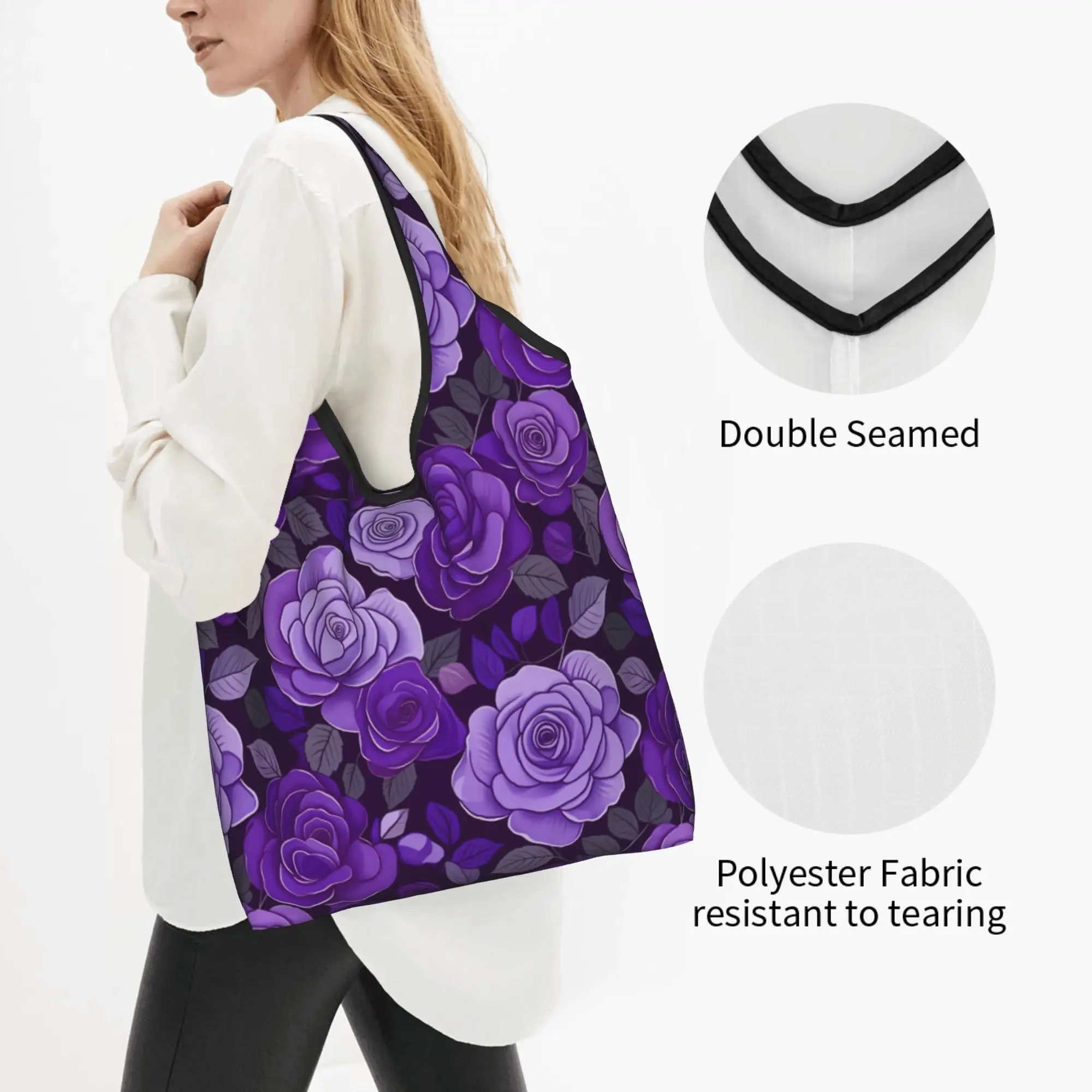 Cute Print Rose Flowers Victorian  Shopping Tote Bag Portable Shoulder Shopper Purple Floral  Handbag