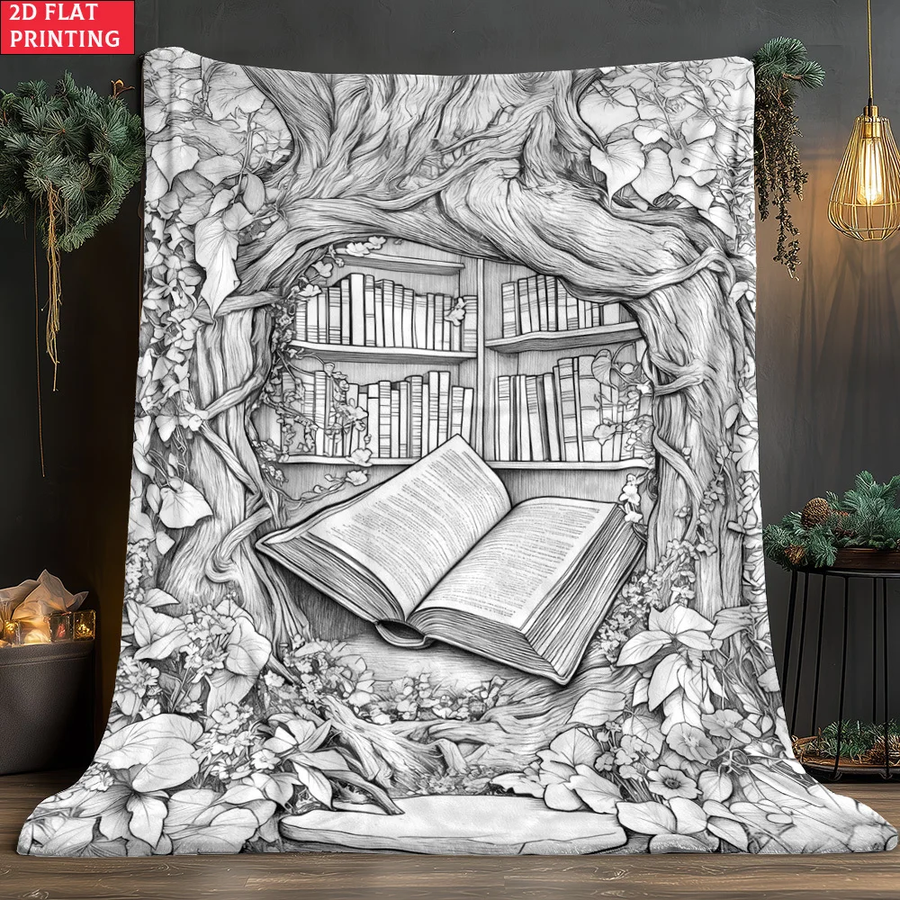 2D Flat Single-Piece Library Book Ultra-Soft Flannel Blanket - Home Furnishing Bedding Blanket 280GSM, Suitable for Sofa Beds, T