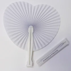 Free custom white folding paper fans, 15/25 with heart-shaped plastic handles, for weddings, souvenirs, parties