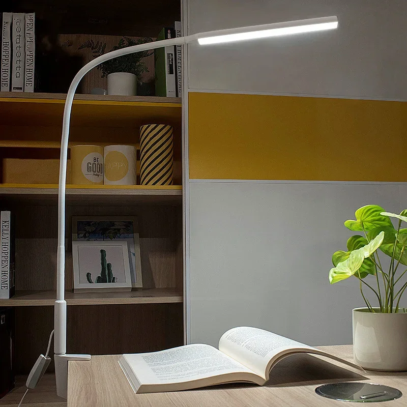 

Светодиодная настольная лампа с длинным кронштейном, гибкая настольная лампа, регулируемая 5-уровневая яркость, защита глаз для спальни, чтения, учебы, офиса