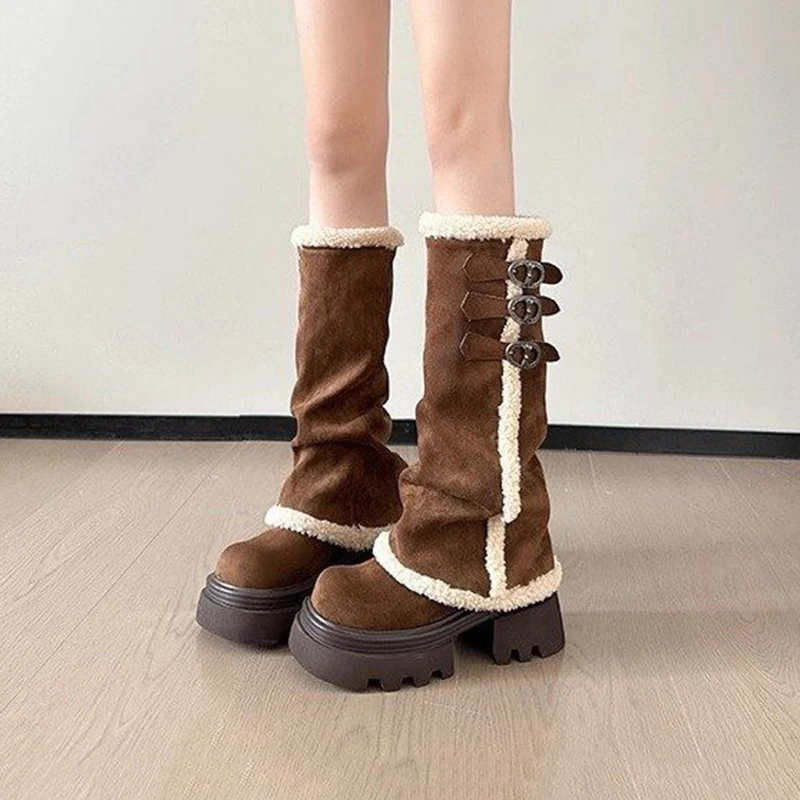 

Thick Soled Long Tube Boots Women Snow Boots New Winter Added Fleece and Warm Boots Increased Height Inside Stacked Knight Boots