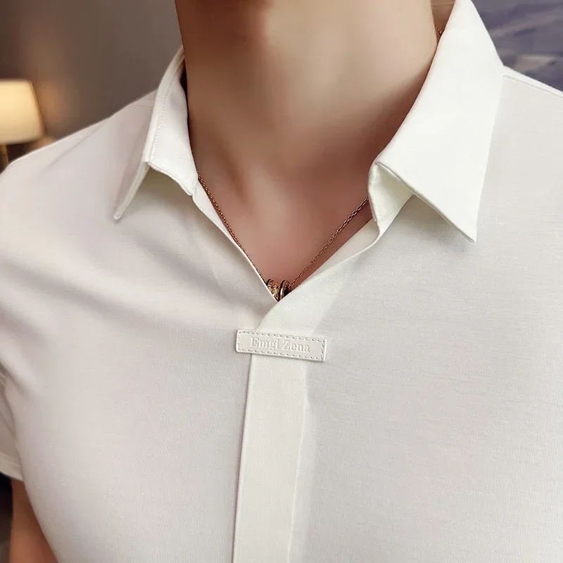 Elasticity Seamless Men Shirts Summer Short Sleeve Casual Slim Shirt Slim Business Social Dress Shirts Party Tuxedo Blouse 2023