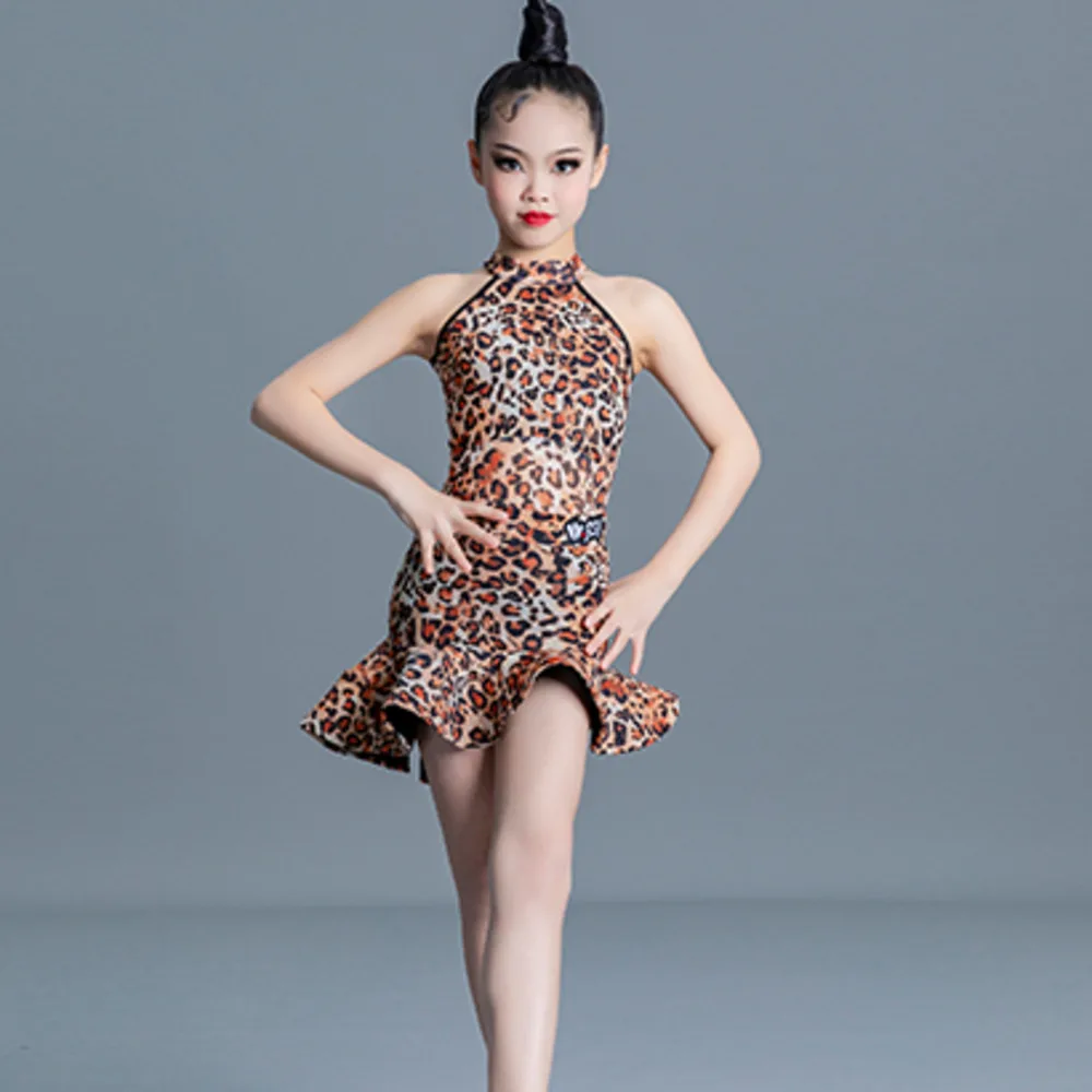 Vestido de salón con estampado de leopardo latino para niñas, falda superior, baile americano, rumba, cha, samba, tango, traje de competición, práctica para niños