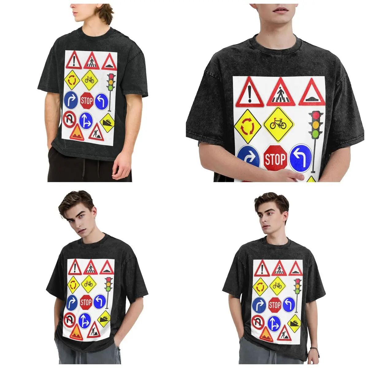 Traffic Signs 1 Hip Hop Short Sleeve T-Shirts Washed Tops Tees Streetwear T Shirt Casual for Men woman