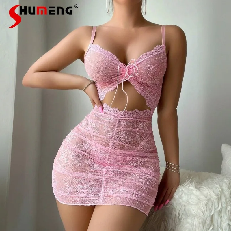 

Сказочная облегающая ночная рубашка для женщин, сексуальные прозрачные тонкие кружевные полые приталенные ночные рубашки, женское прозрачное нижнее белье розового цвета