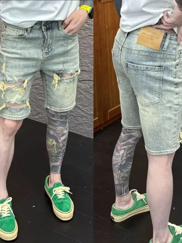 

Высококачественные мужские джинсовые орты в стиле ретро, лето 2023, новинка Sle, повседневная эластичная облегающая длина пять четвертей с дырочками