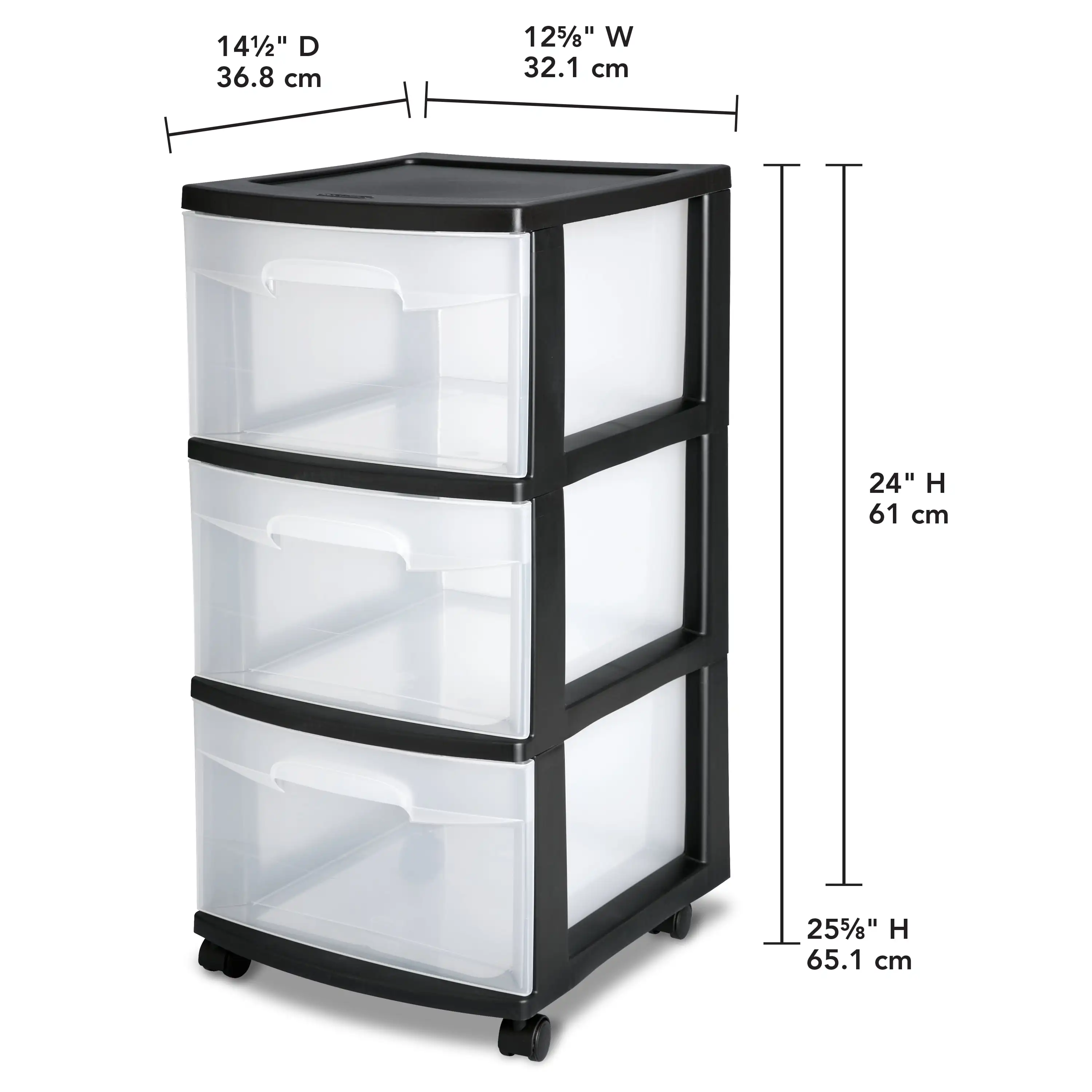  3 Drawer Plastic Cart, Black with Clear Drawers, Adult