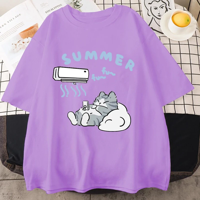 جديد لطيف القط متعة طباعة تي شيرتات قصيرة الاكمام المرأة الرجال الصيف فضفاض عادية نصف كم لينة أسفل حجم كبير قميص أعلى