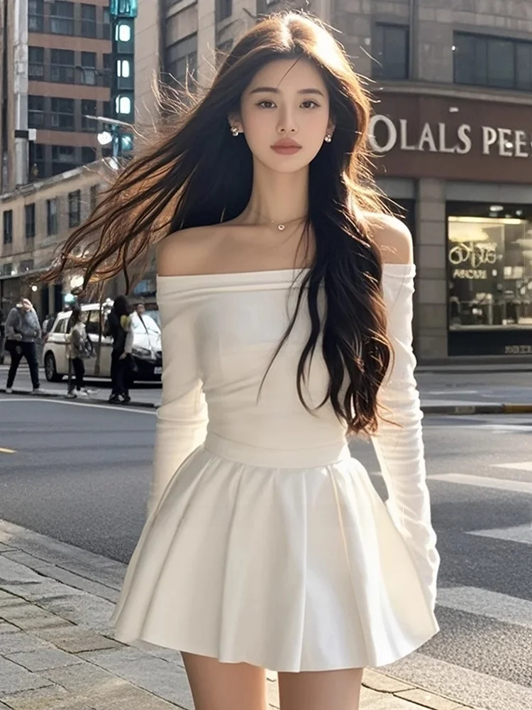 

Strive Umei A-Line Skirt One-Shoulder Puffy Design Women's Autumn Pure Desire Waist-Cinching Skirt Korean Style Long Sleeve