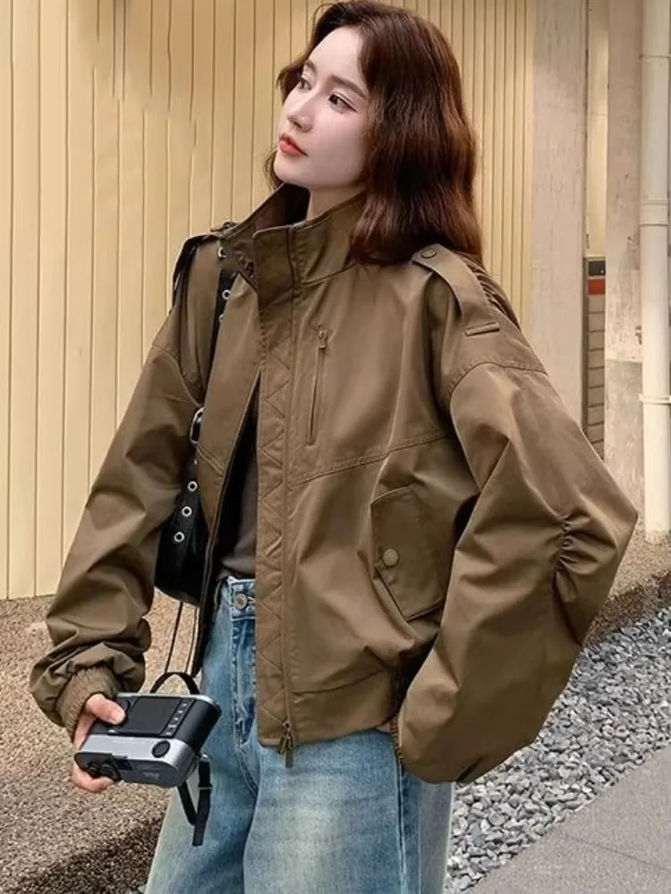 American Vintage Coats Solid Color Long Sleeve Pockets Pleated Jackets Casual Loose Tops Fashion All Match Women's Clothing