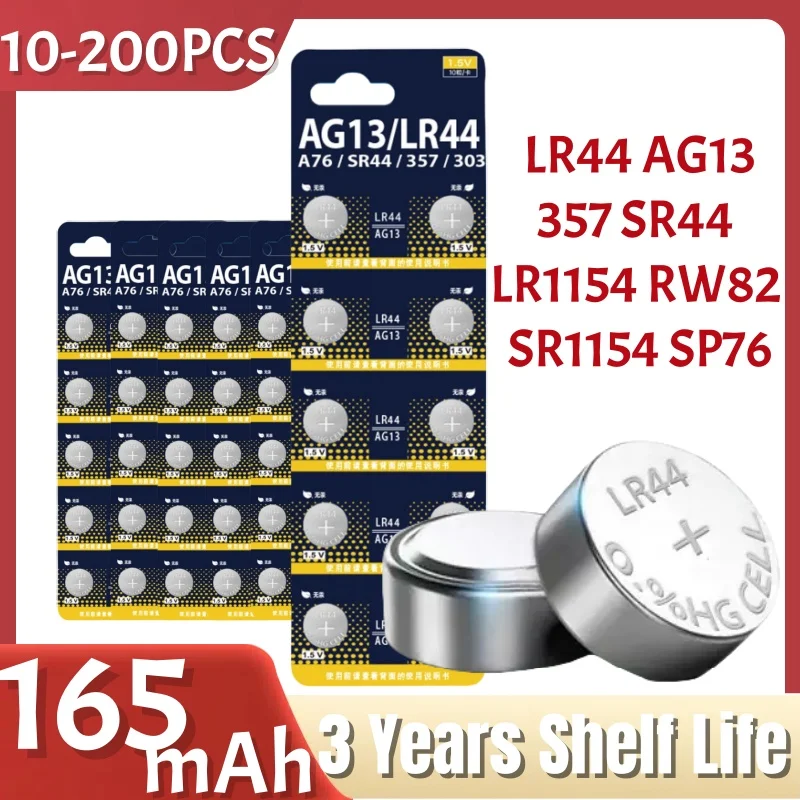 

10-200 шт. AG13 LR44 батарейка 1,5 В 357 SR44 LR1154 батарейки типа «таблетка» RW82 SR1154 SP76 для часов, игрушек, пульта дистанционного управления