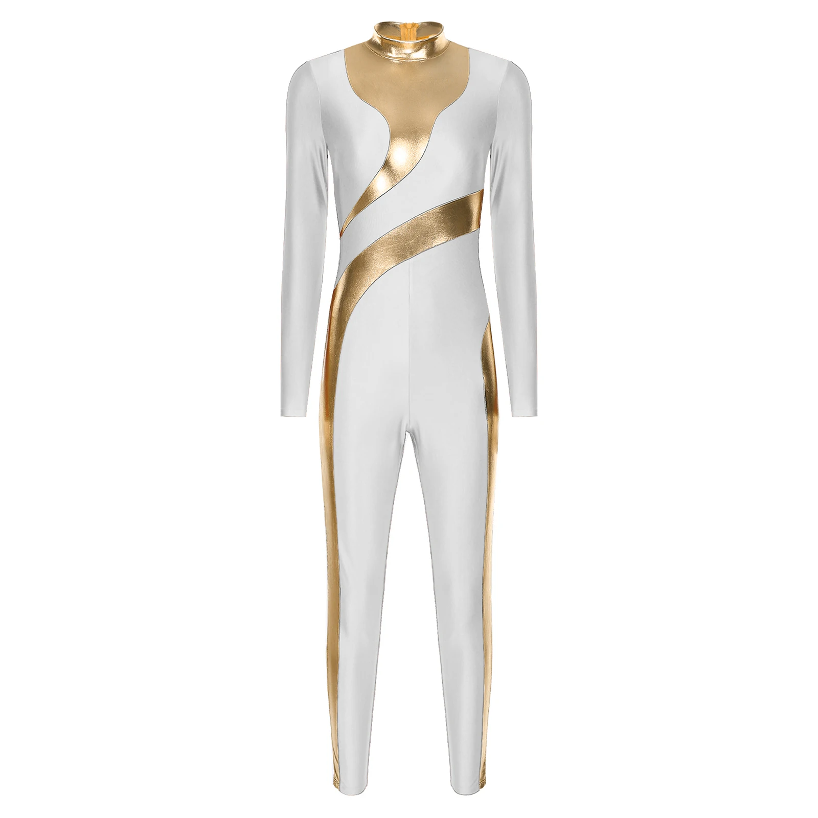 Womens Kunstschaatsen Ritmische Gymnastiek Podium Performance Kostuum Lange Mouw Metallic Glanzende Jumpsuit Balletdans Bodysuit