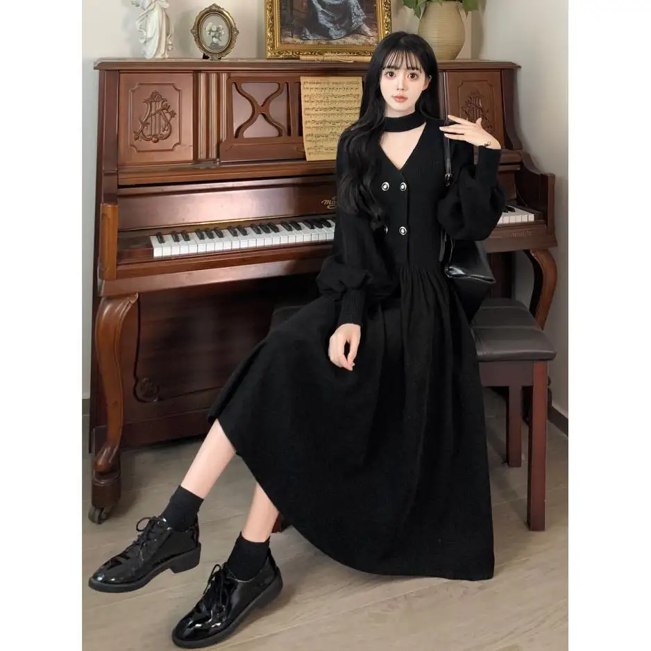 

Autumn Winter Women Knitted Corduroy Dresses V Neck Long Sleeve Female Large Size 3XL A Line Elegant Calf Length Black Vestidos