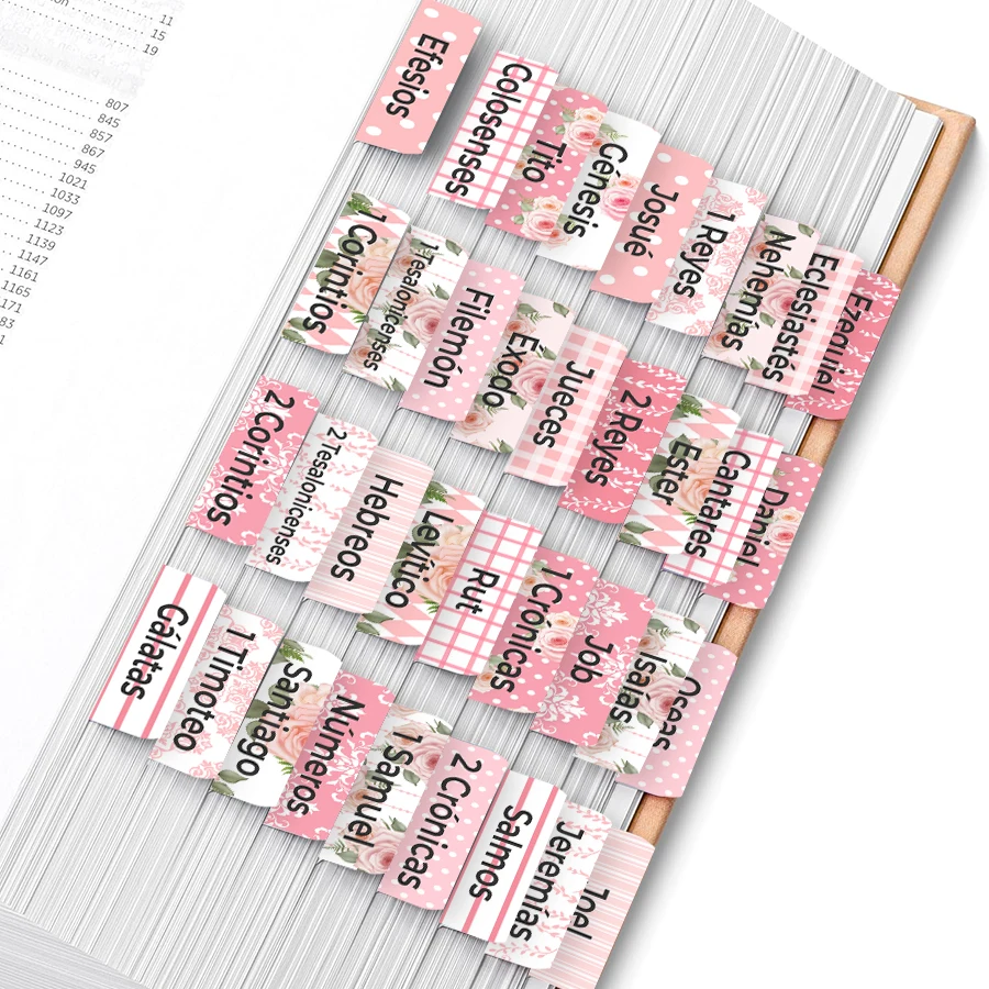 

75 Pcs Spanish Bible Tabs – 66 Printed Old & New Testament Index + 9 Blank Tabs, Easy-to-Apply Large Print Labels for Journals.