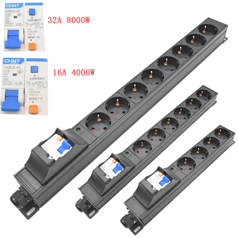 

PDU power strip Short circuit switch Circuit Breaker Circuit Protection16A/32A 4000W/8000W EU output socket Network Cabinet Rack