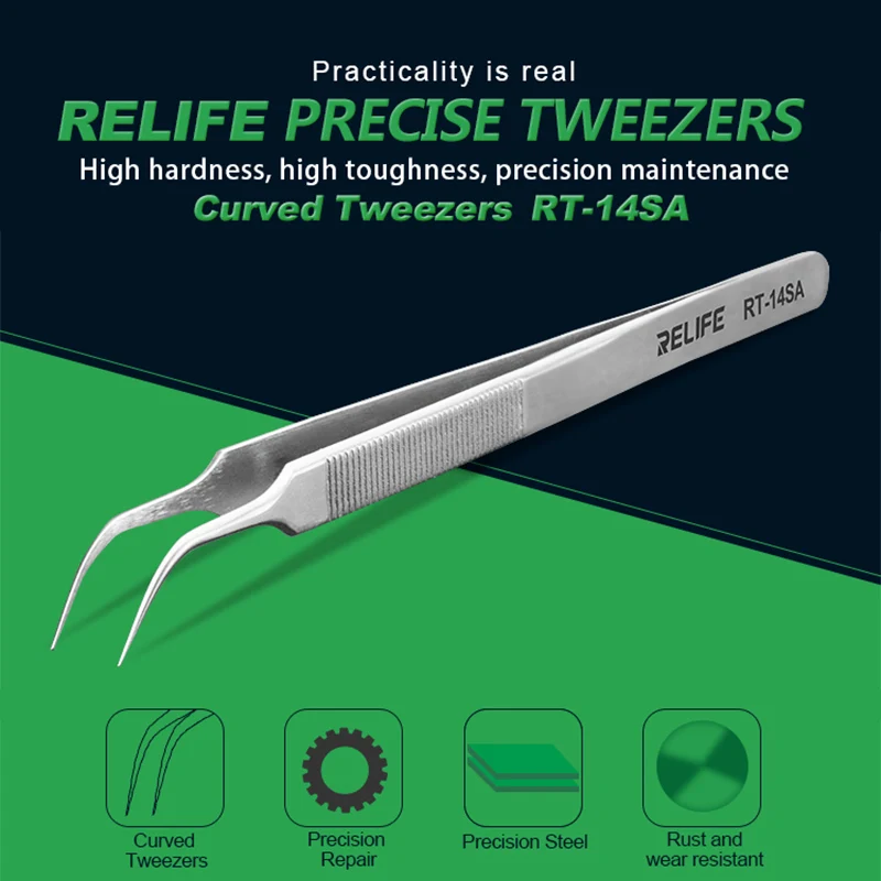RELIFE RT-14SA RT-14A IC Chip Precise Clamping Tweezers for Mobile Phone Repair Sharp Curved Tip Flying Line Tweezers