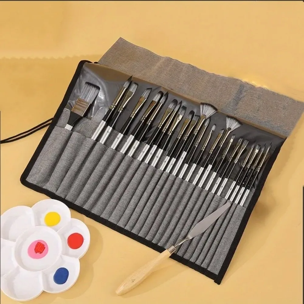 24pcs/set Wooden Handle Nylon Brush Set DIY Art Aluminum Tube Paint Brush Set with Scraper Nylon Hair Artist Paint Brushes